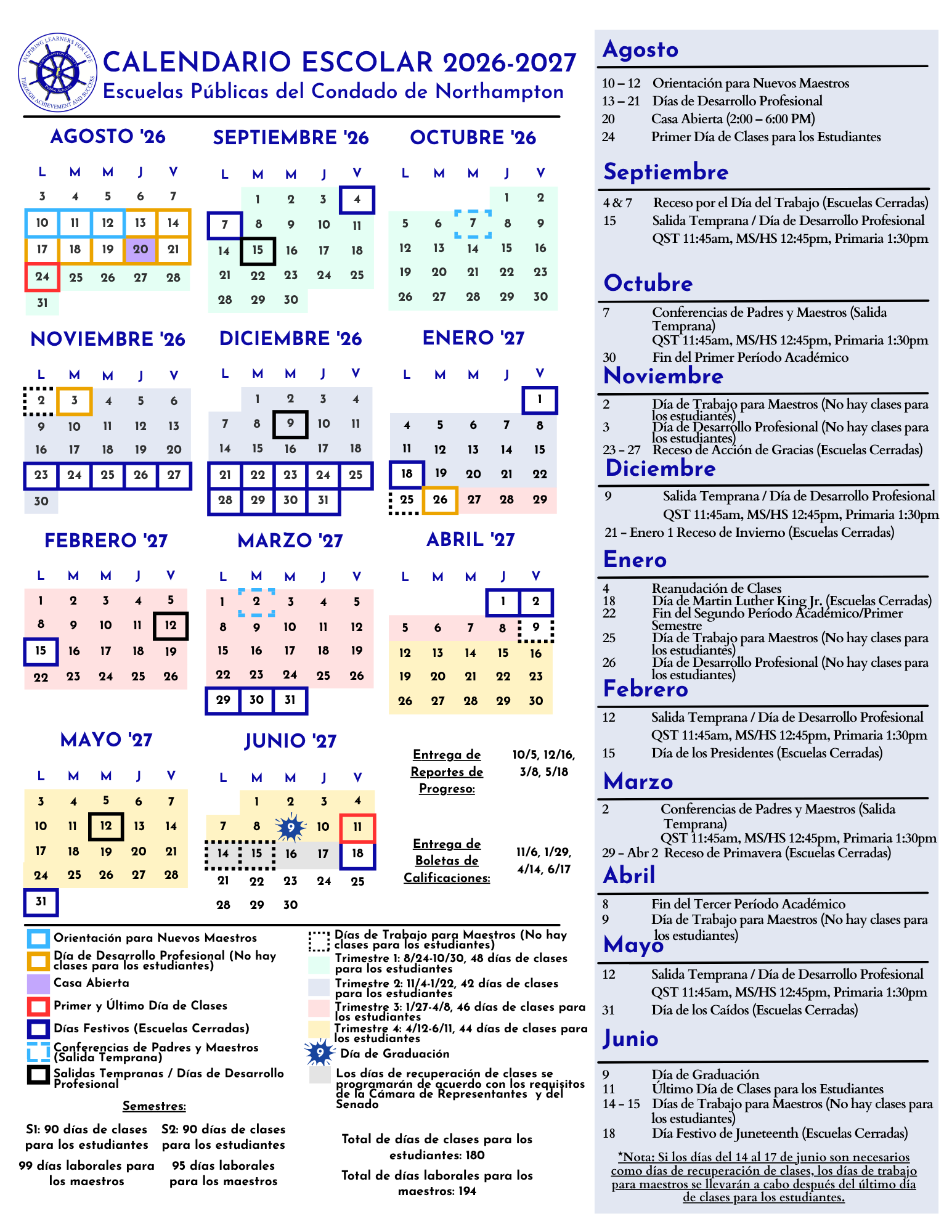 26/27 School Year Calendar in Spanish