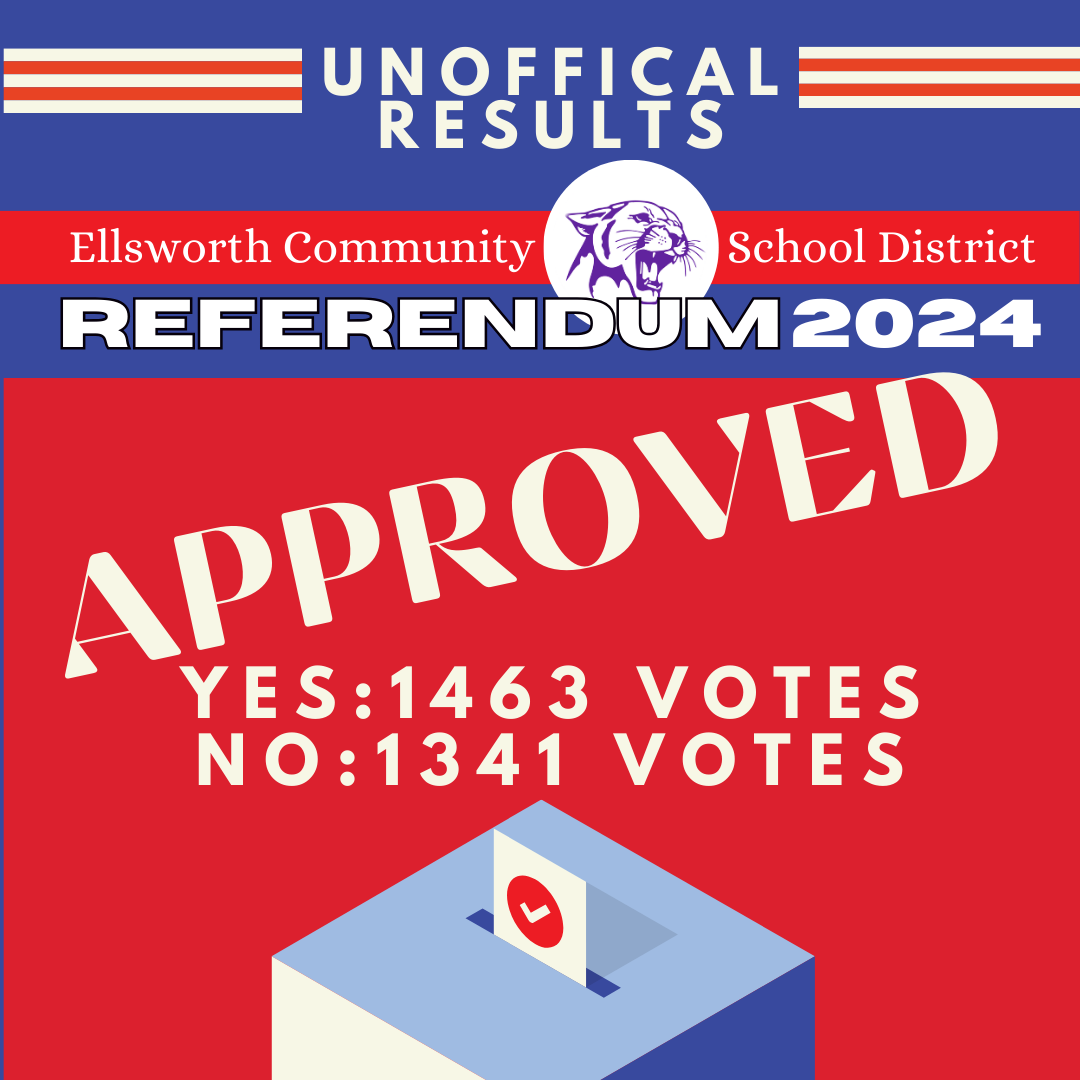 Thank you to our voters! District residents have approved our facility referendum by an unofficial margin of ---- yes votes to ---- no votes. This is a huge opportunity for our students, schools and community. 