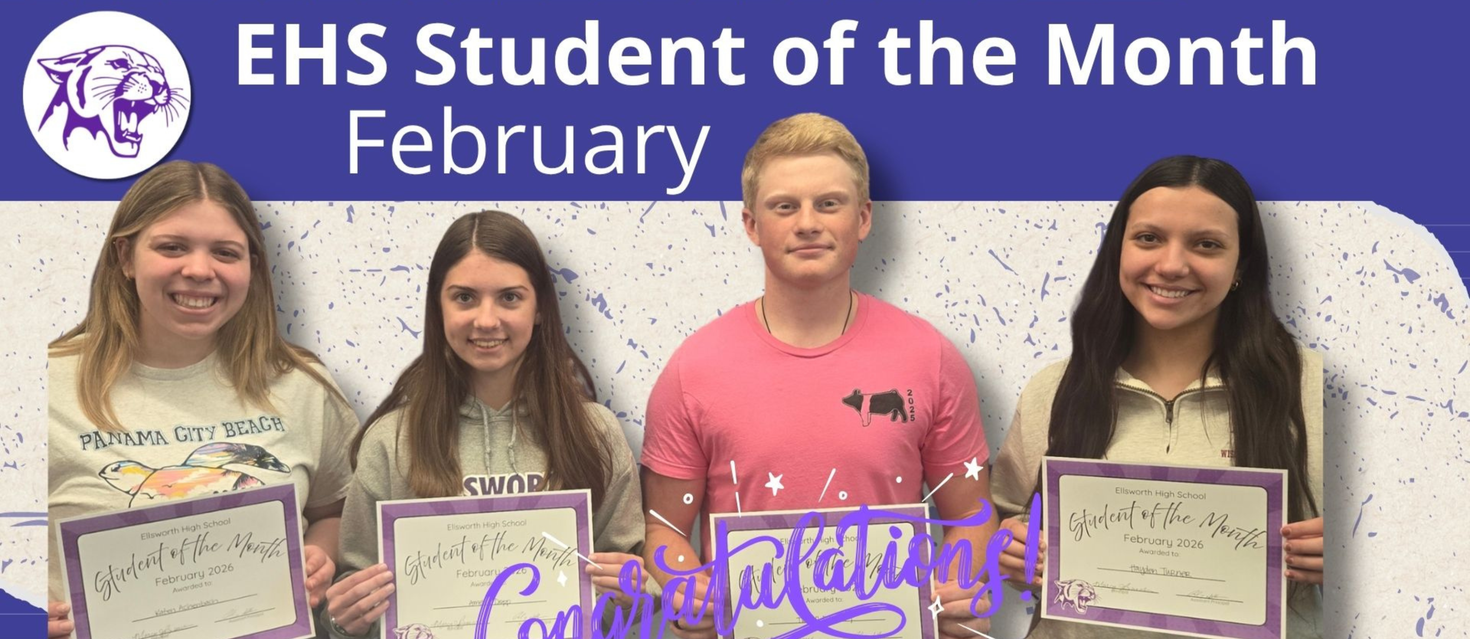 picutre of high school student of the month for february.  students are holding a certificate.