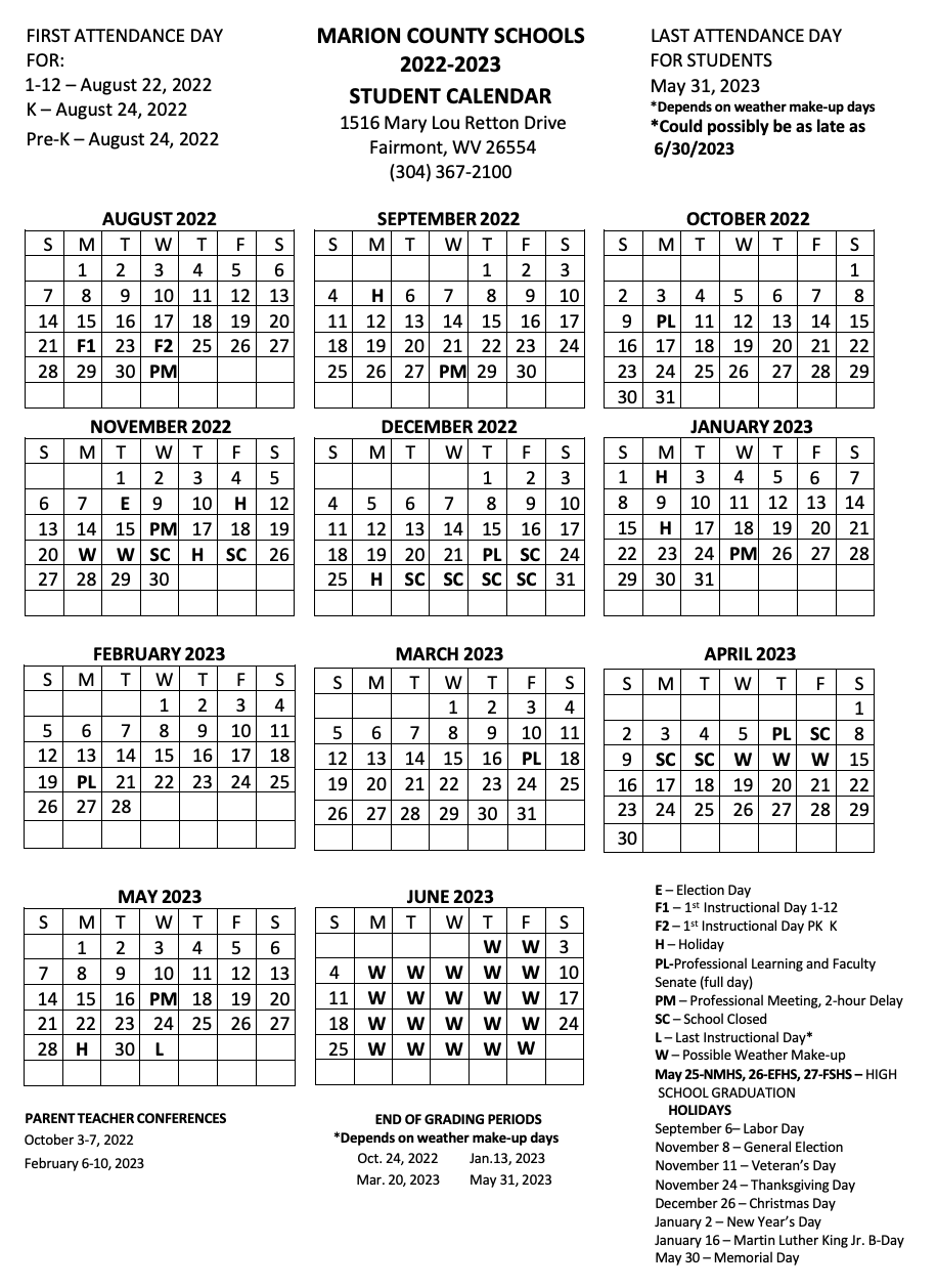 2022-2023 Student Calendar Image - Click for Readable File