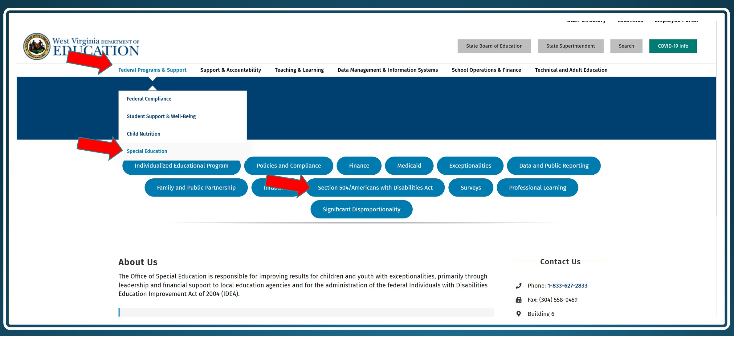 Screenshot of WV Department of Education website.  Federal Programs page to 504 page. 