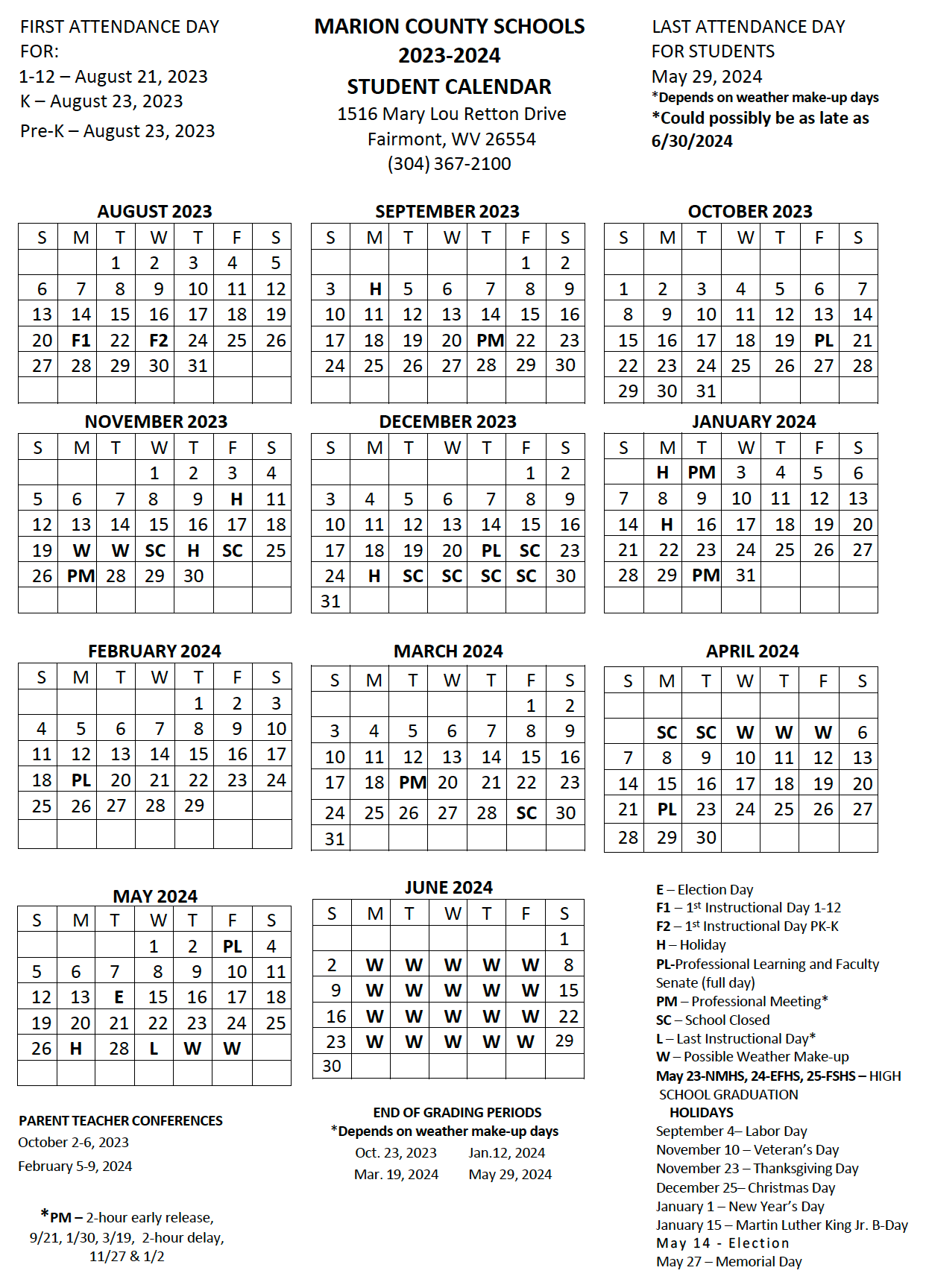 2023-2024 Student Calendar Image - Click for Text Reader File