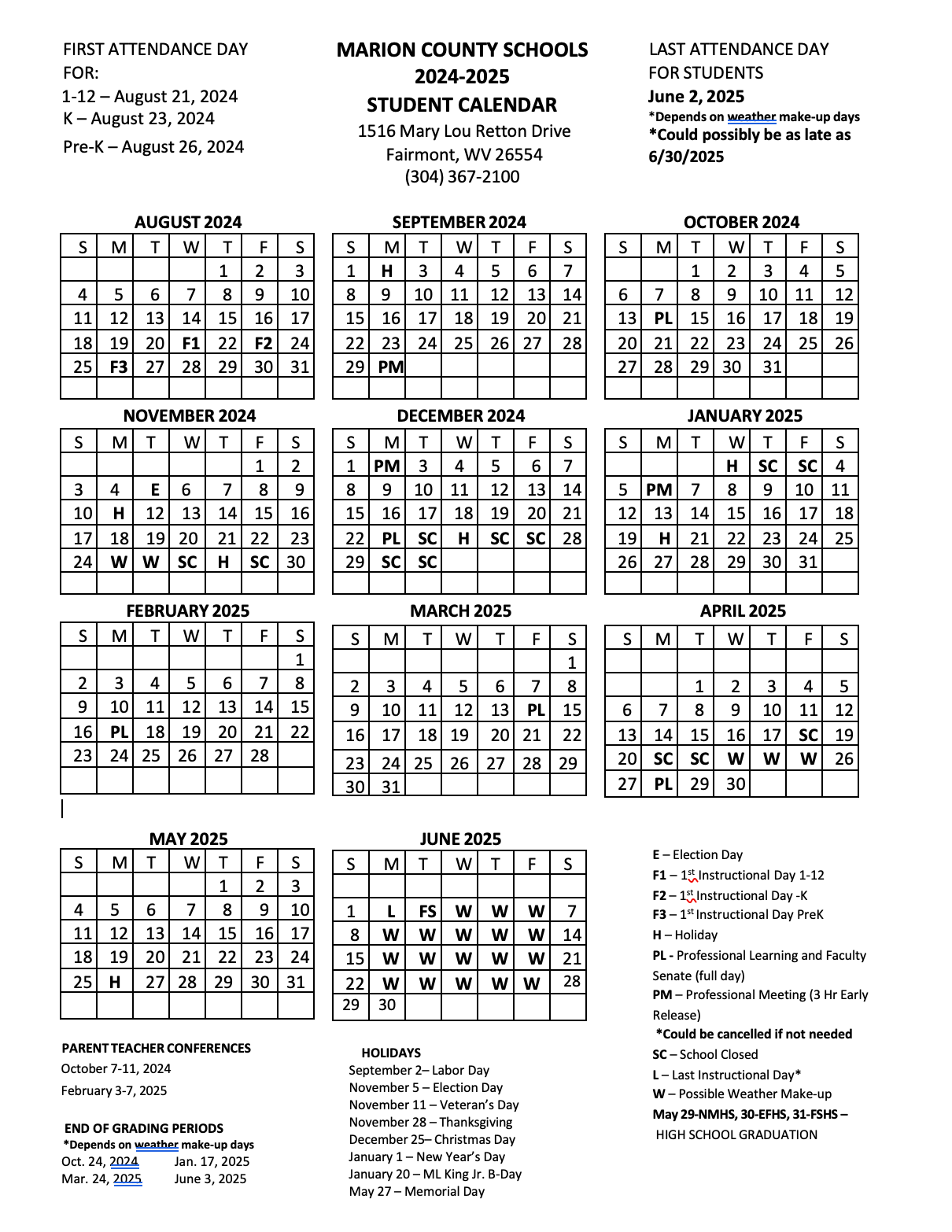 2024-2025 Student Calendar Image - Click for Text Reader File