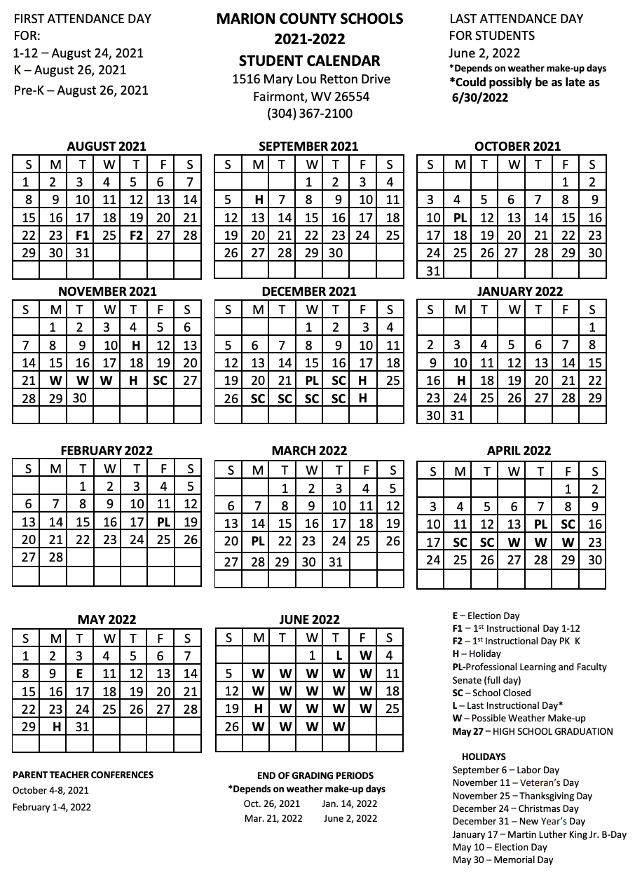 Marion County Academic Calendar
