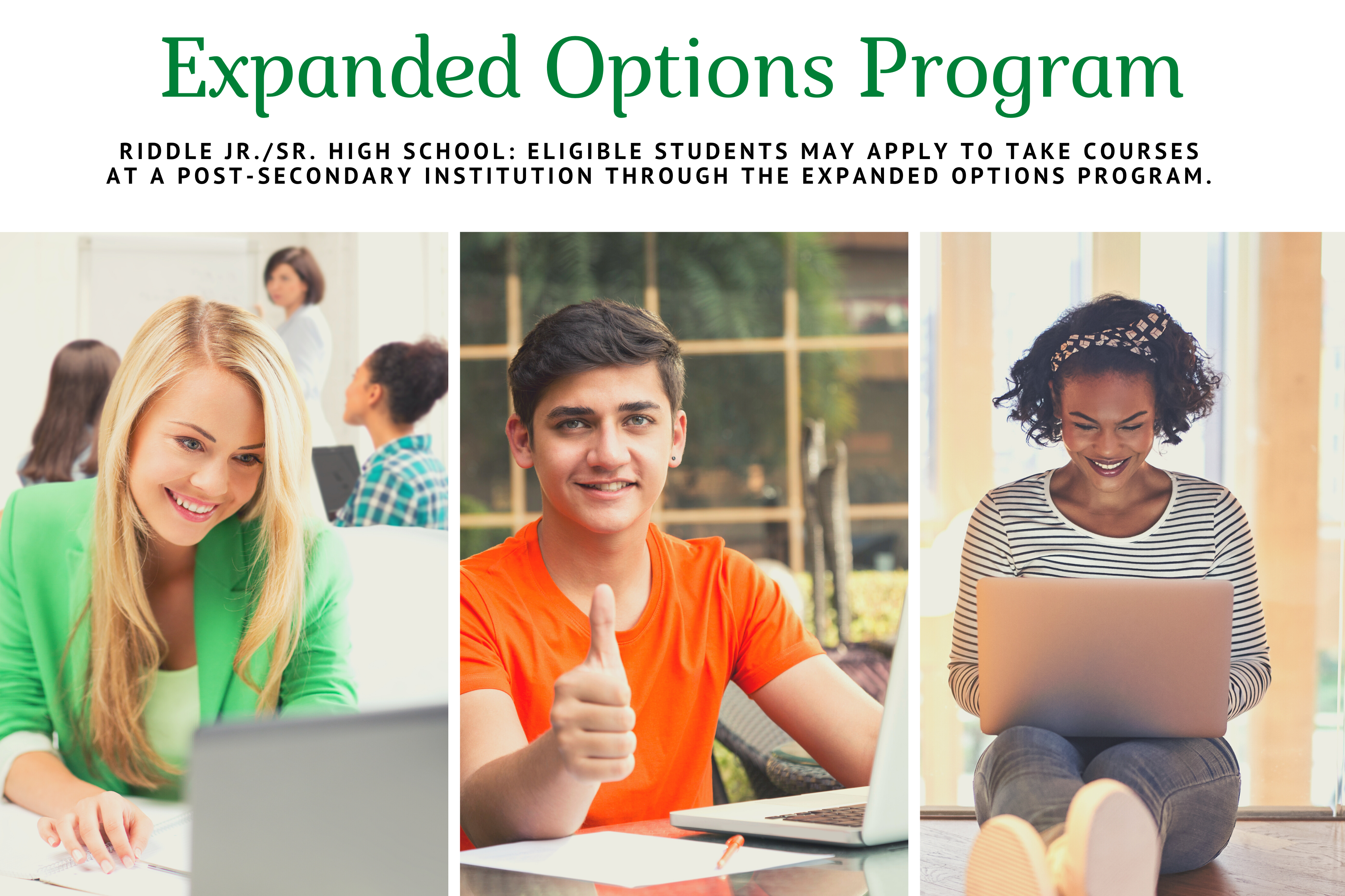 Expanded Options Program image with three students on laptop.