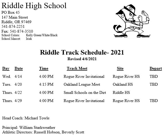 Riddle High School  Track Schedule