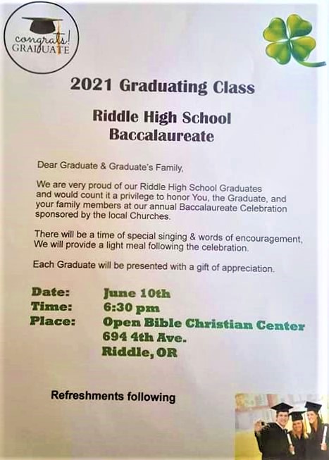 Baccalaureate June 10 6:30 pm at Open Bible