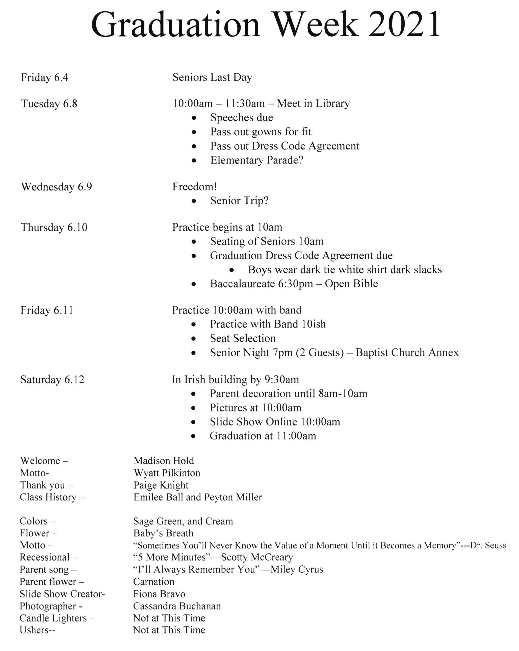 Graduation Week Schedule