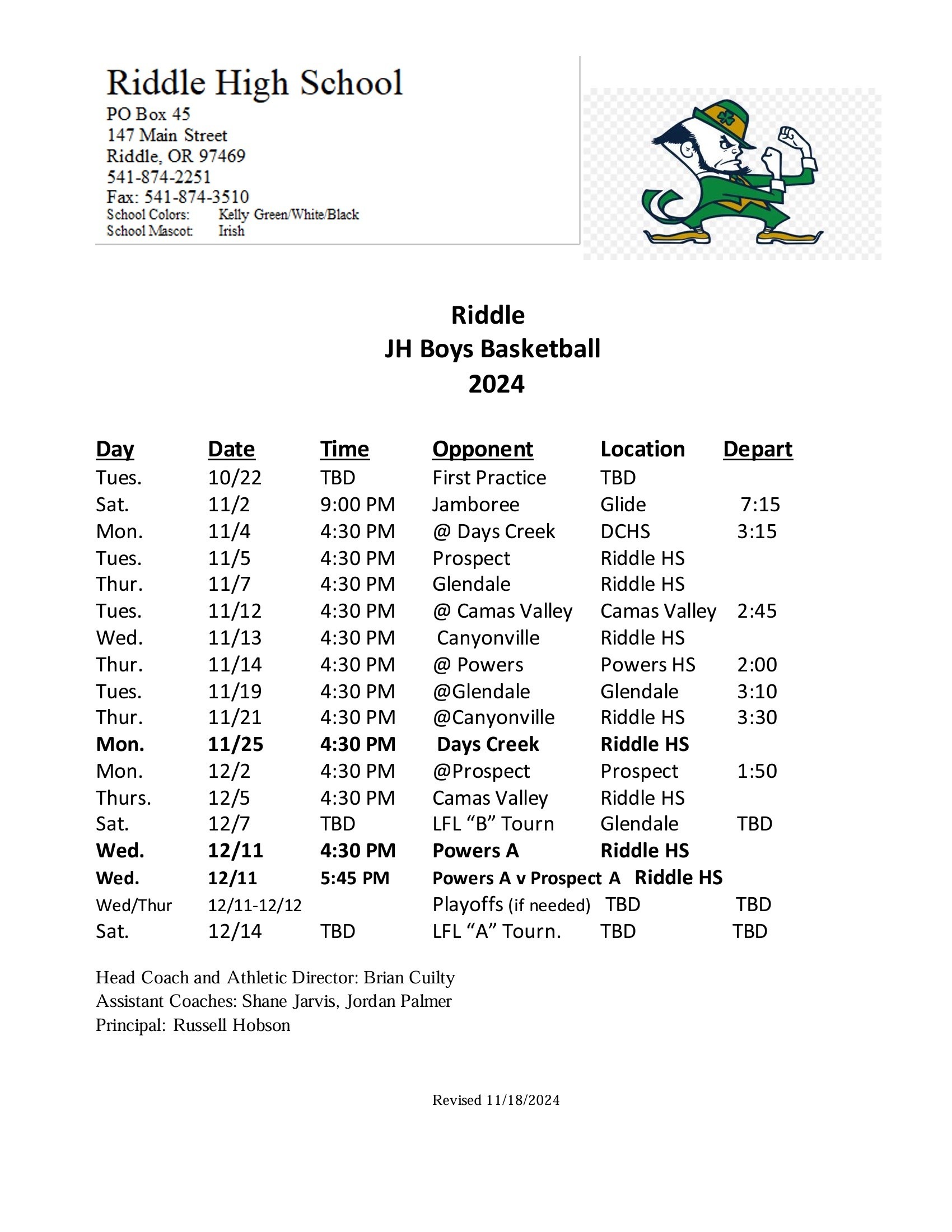 JH Boys BB Schedule