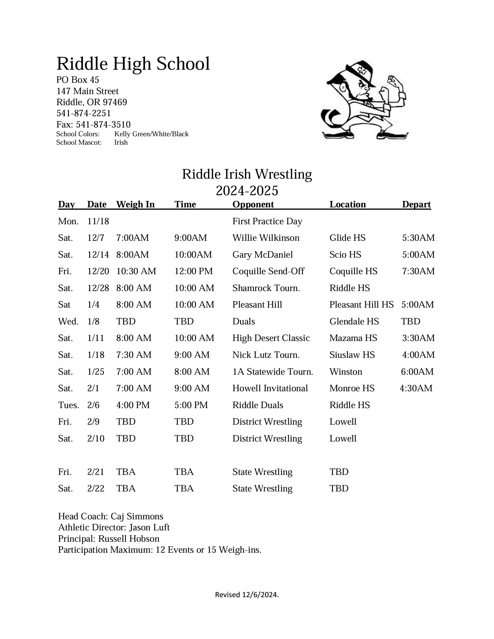 Wrestling Schedule