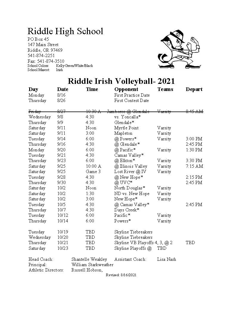 Riddle HS Volleyball Schedule 2021