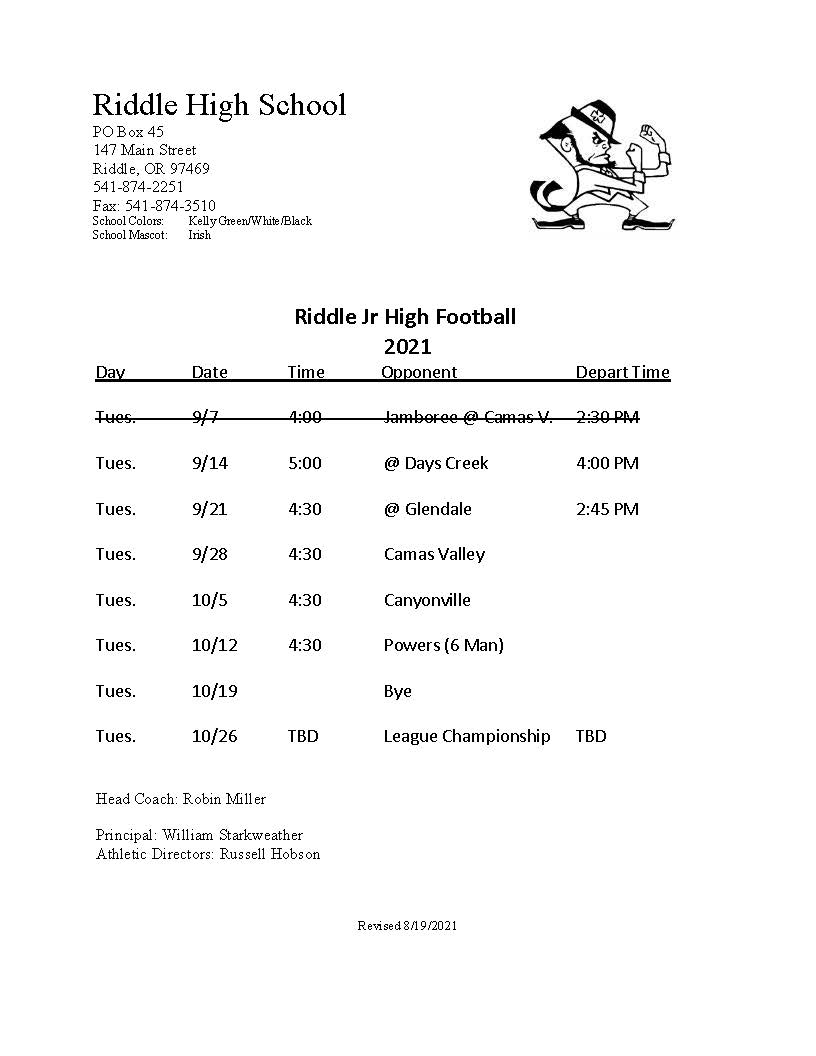 Riddle JH Football Schedule 2021