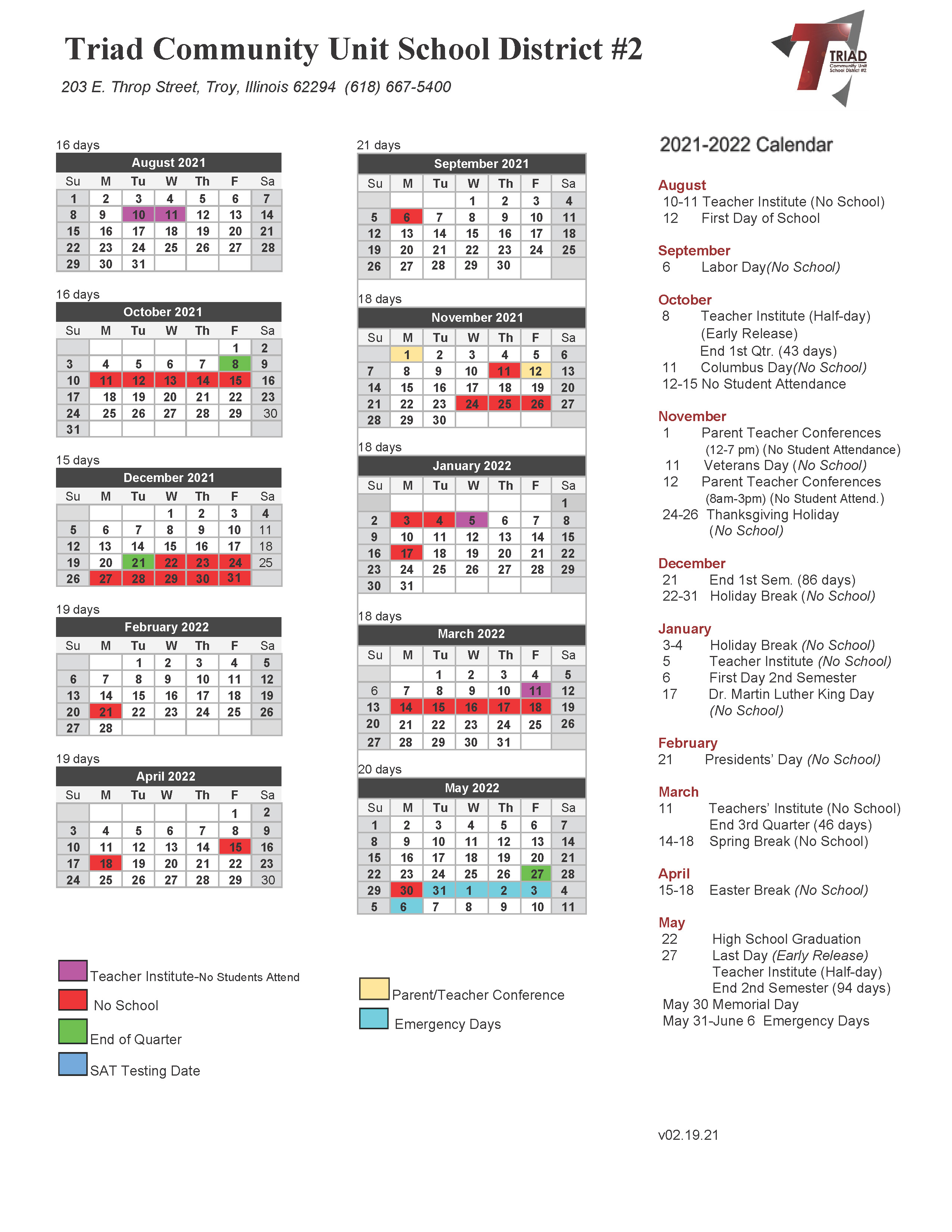 Calendar | Triad Community Unit #2