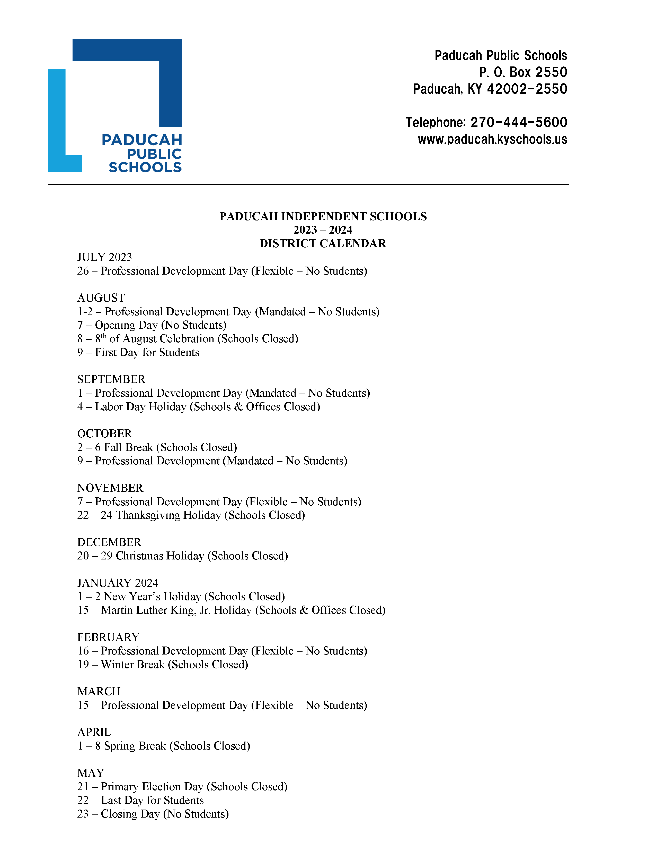 23-24 School Calendars | Paducah Public Schools 23-24 School Calendars | Paducah Public Schools