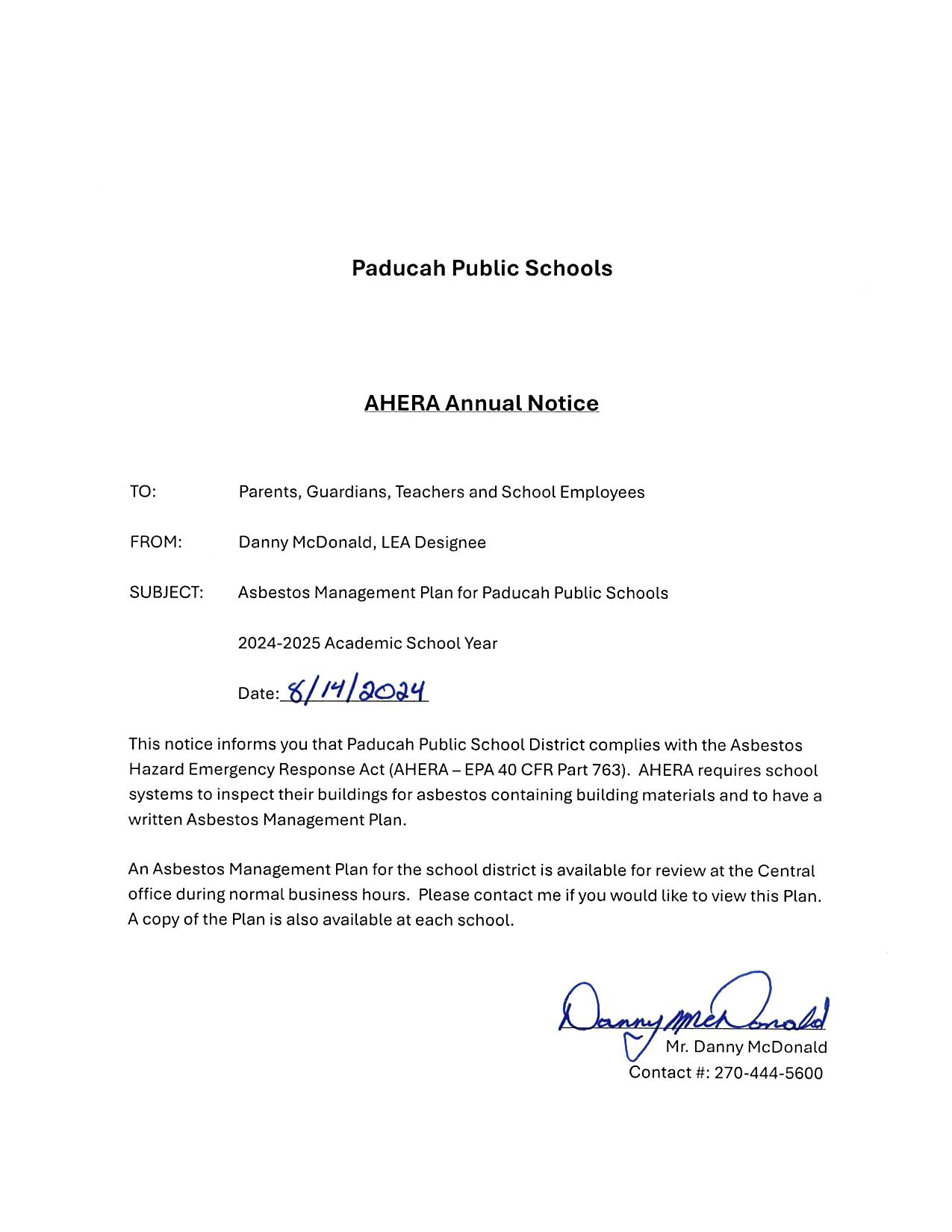 AHERA Annual Notice