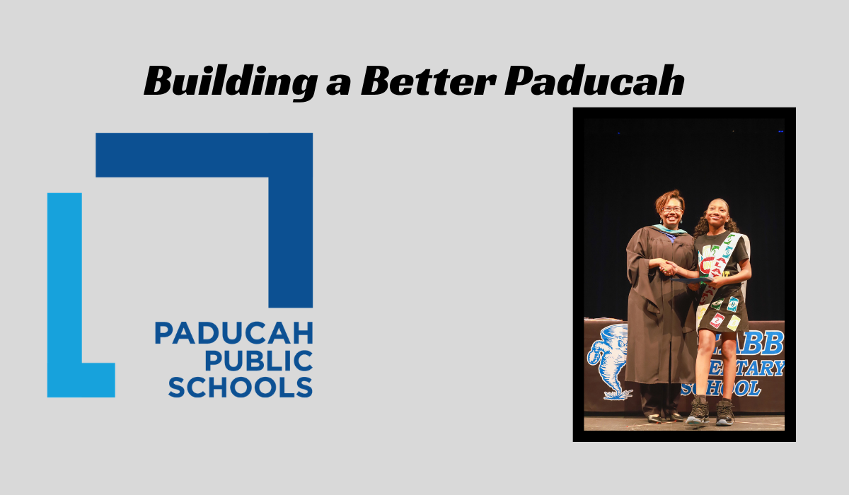 Blue logo of Paducah Public Schools with text "Building a Better Paducah" above it, and a photo of two people in robes.