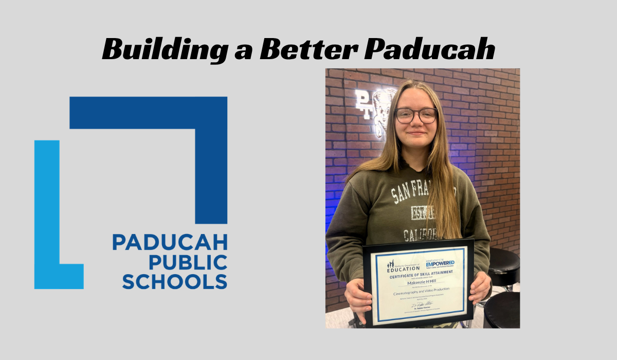 Two images: a blue "L" with "PADUCAH PUBLIC SCHOOLS" and "Building a Better Paducah" text; a child on a playground slide.
