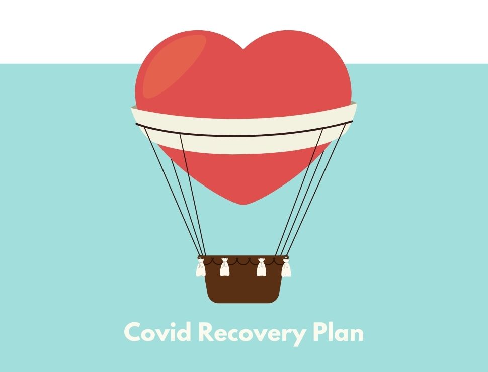 clipart of heart air balloon with text stating covid recovery plan