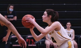 photo of high school women's basketball player preparing to shoot the ball during a game
