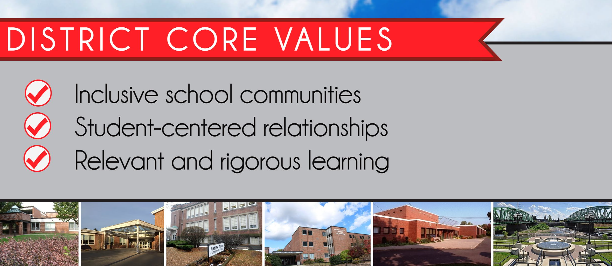 Westfield's district core values: inclusive school communities, student-centered relationships, relevant and rigorous learning