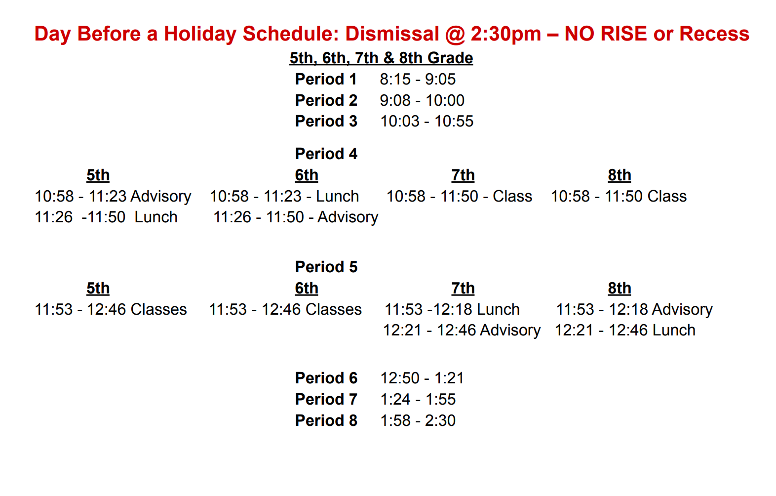 Holiday Early Out Schedule
