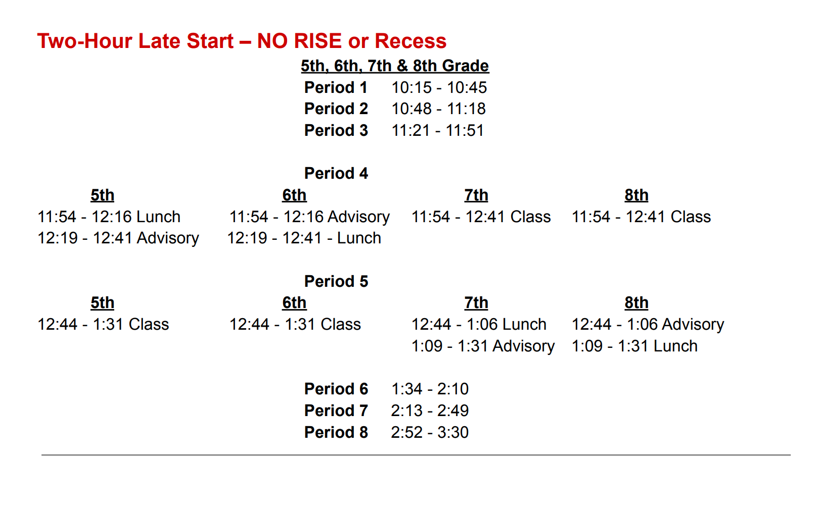 Two Hour Late Start Schedule