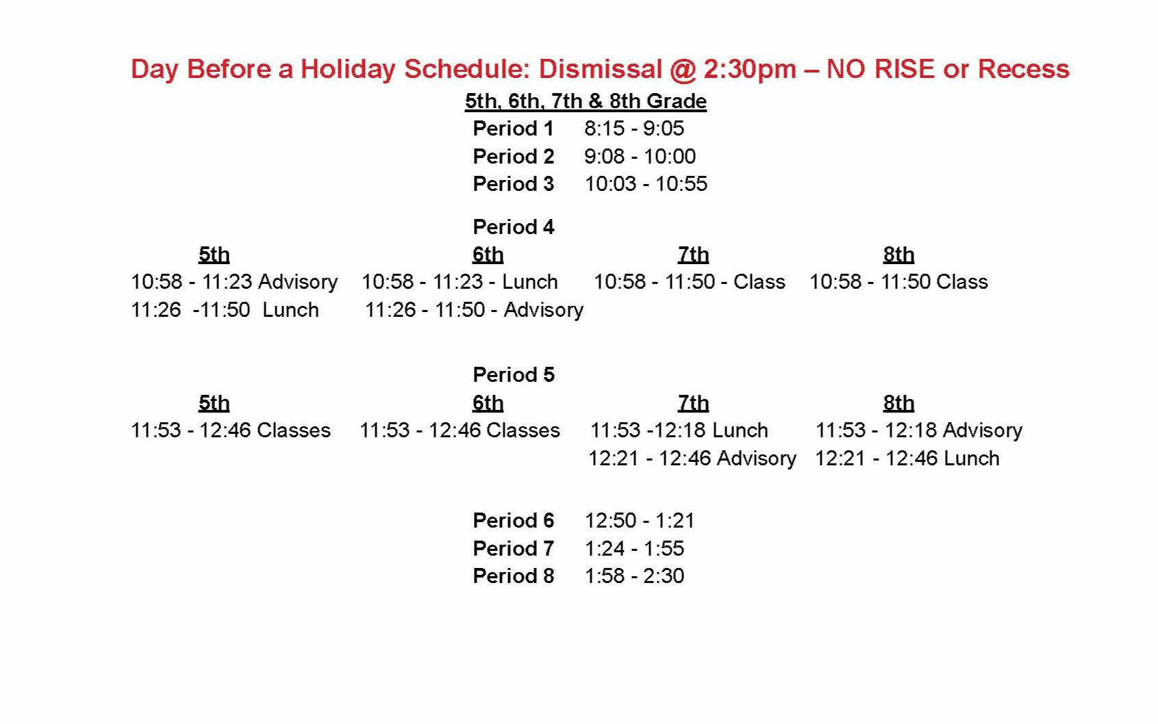 Holiday Early Out Schedule