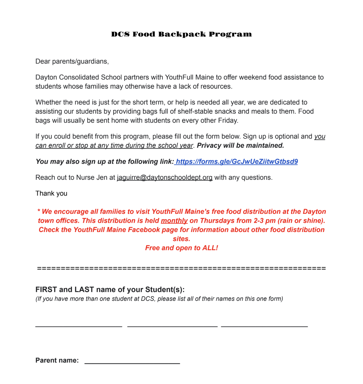 Backpack Food Program