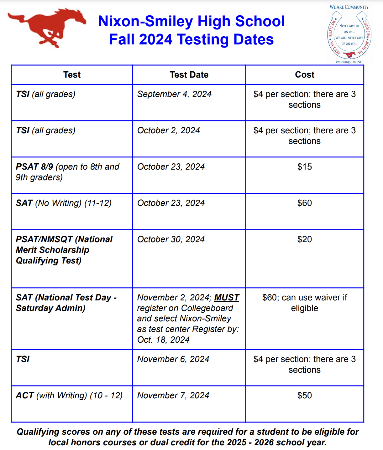 Fall 2024 Testing Dates