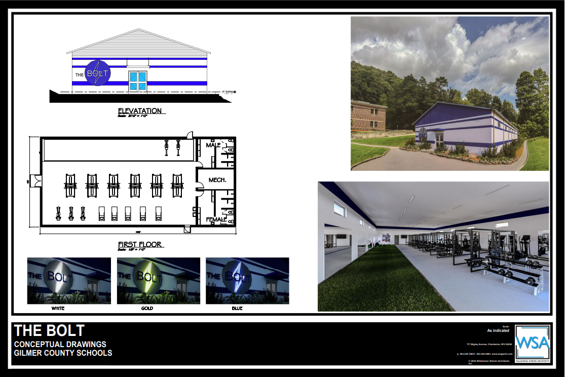 image of a concept building with text saying the bolt elevation first floor white gold blue as indicated WSA the bolt conceptual drawings Gilmer public schools 