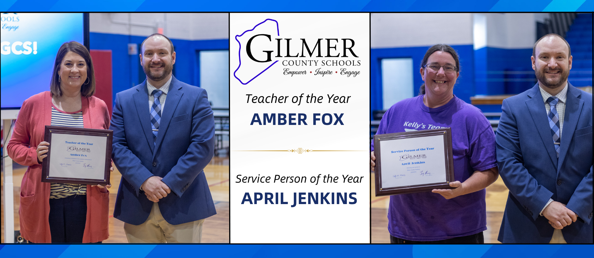 GCS Teacher and Service Person of the Year Graphic. Shows Amber Fox as Teacher of the year and April Jenkins as service person of the year