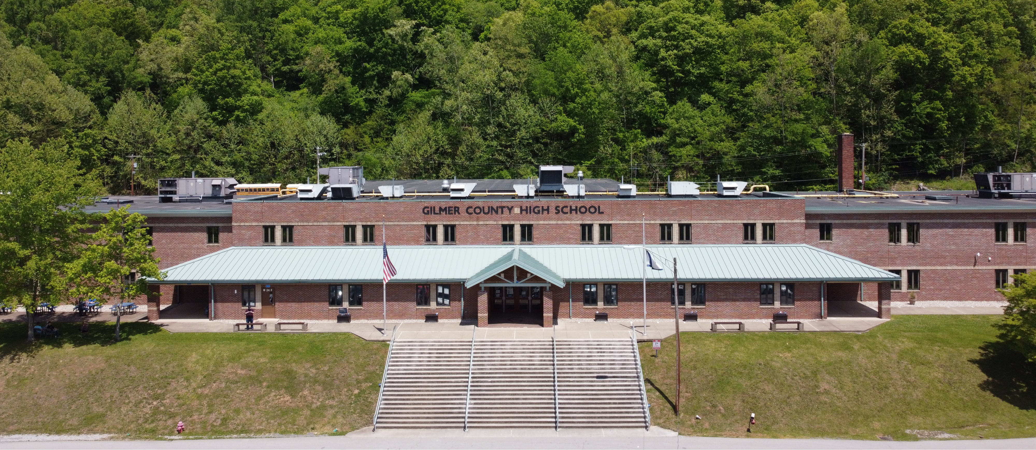 A drone shot of Gilmer County High School during the summer months. 