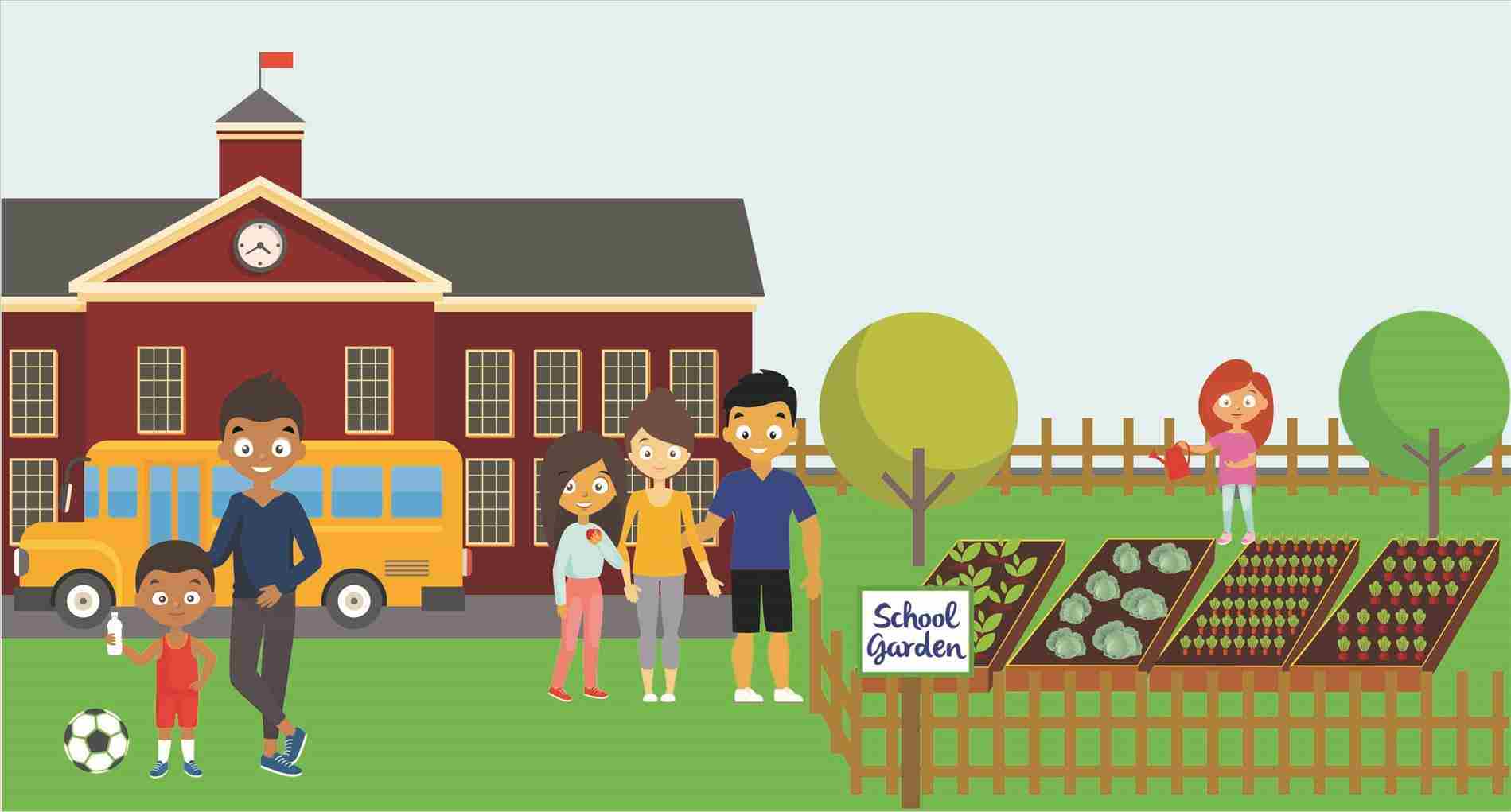 Cartoon image of a school building with students, parents and a garden.
