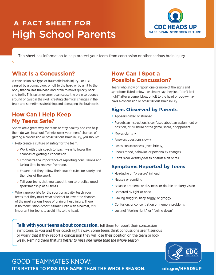 CDC Heads Up: A Fact Sheet for High School Parents