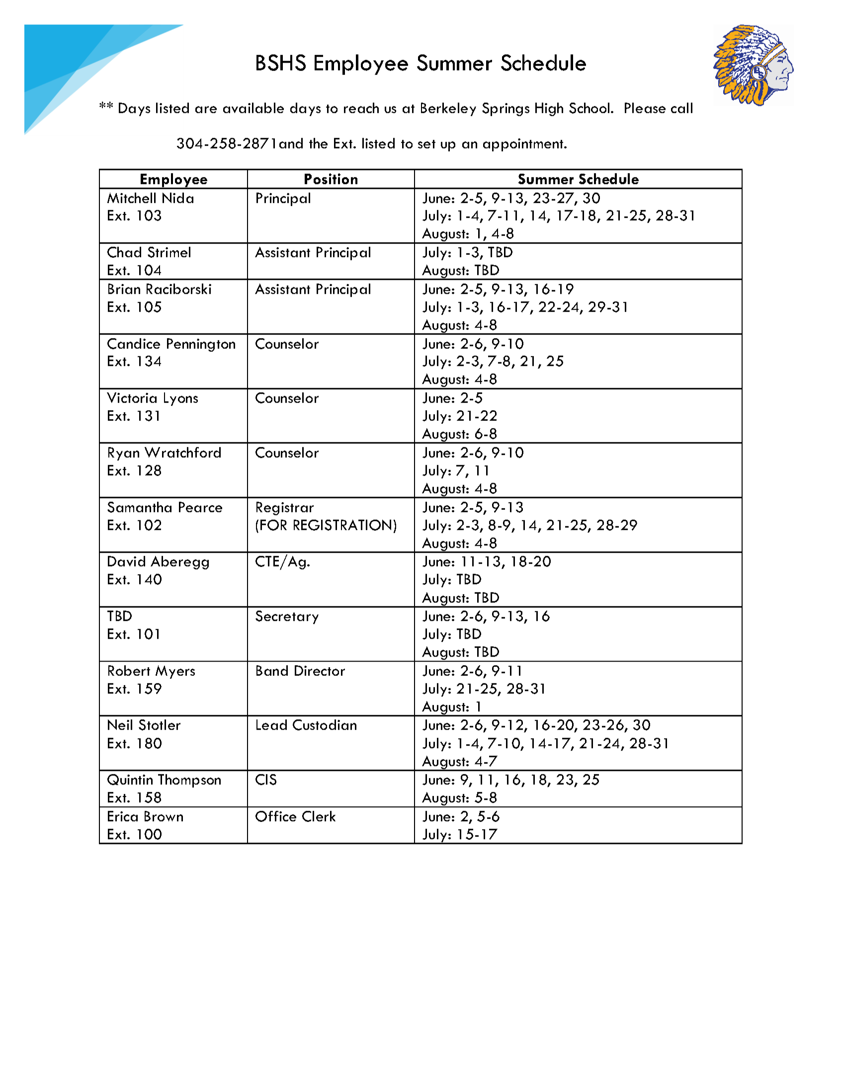 Summer Employee Schedule
