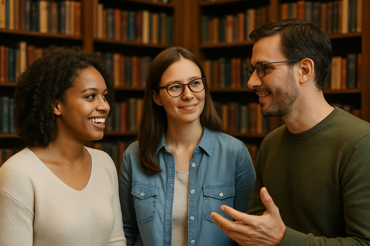 threepeopletalkinginthelibrary