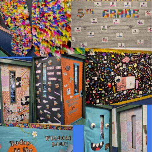 Colorful classroom doors and bulletin boards welcome students back.