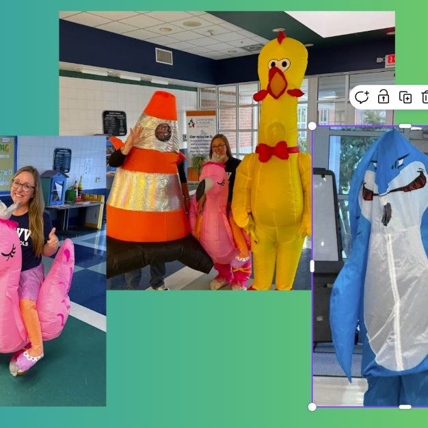 Staff members dressed in colorful costumes celebrate Friday at WSIS.