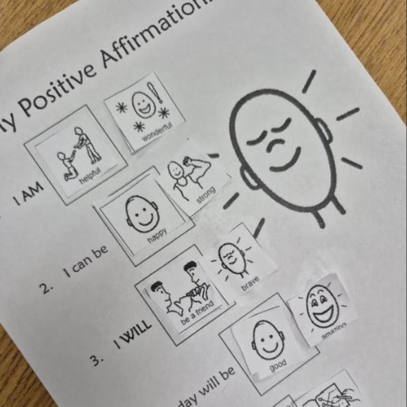 Positive affirmation worksheet with visual choices for student self-reflection.