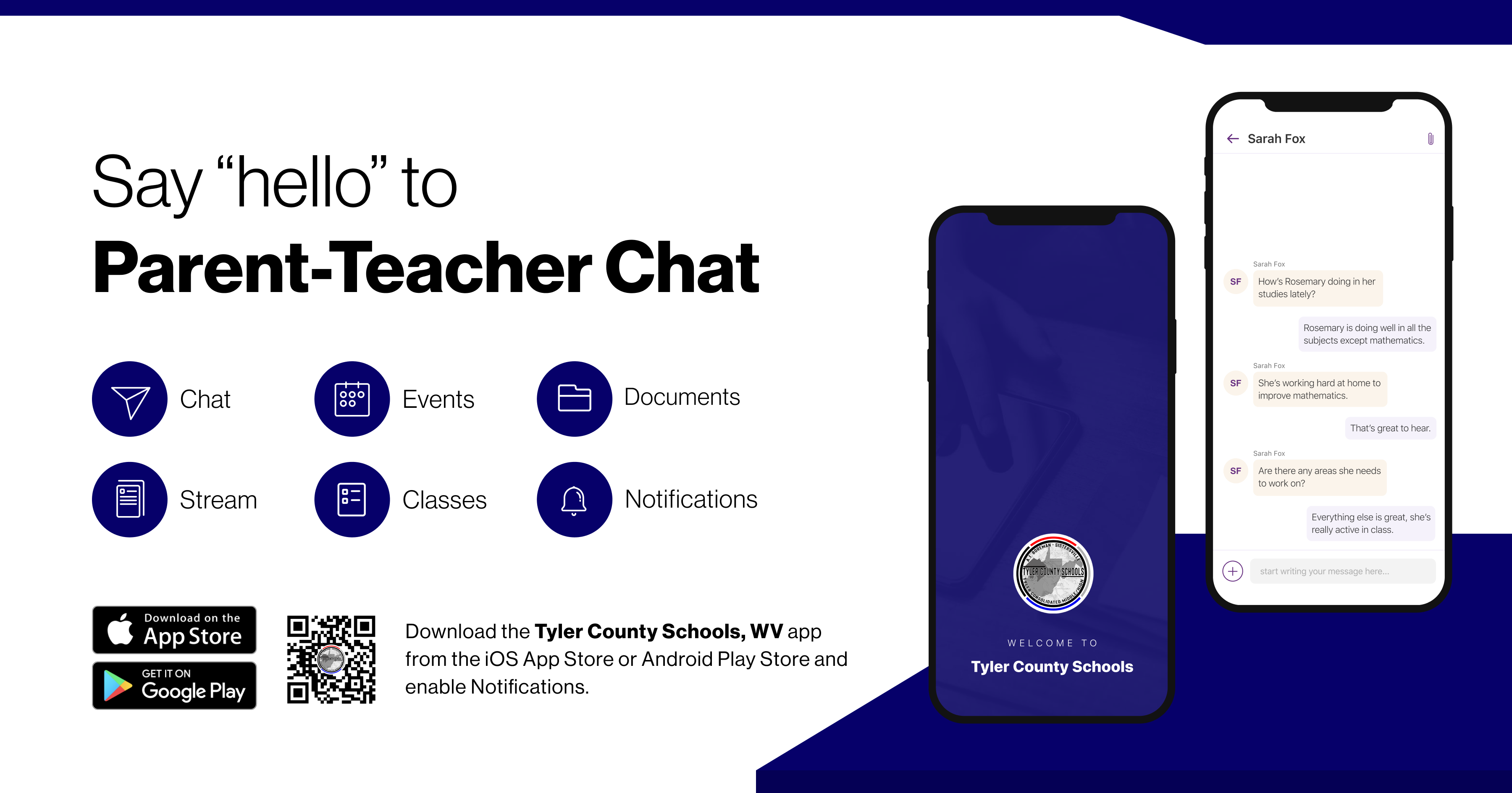 “Say hello to Parent-Teacher chat in the new Rooms app. Download the Tyler County Schools app in the Google Play or Apple App store.”