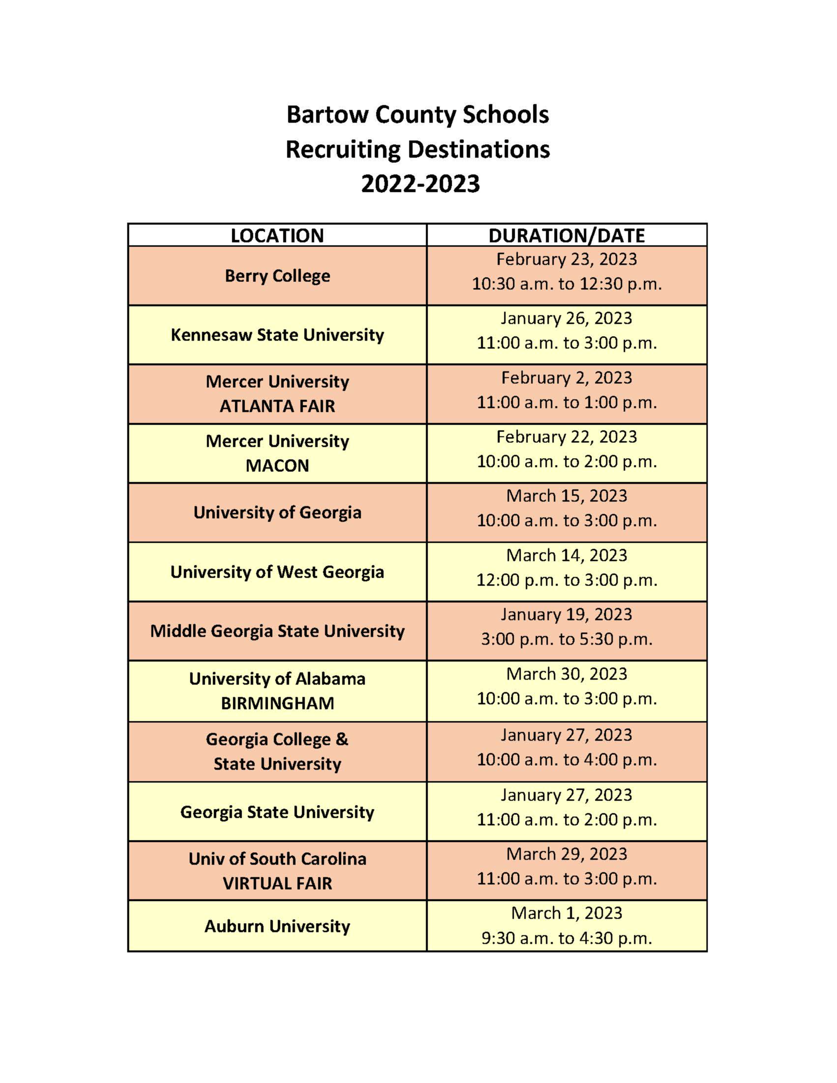 Recruiting Schedule Bartow County School System