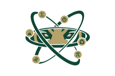 A white background displays a circular logo with a tiger head in the center, encircled by scientific symbols and numbers.