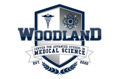 Woodland's emblem, featuring a shield, a medical symbol, and a scientific atom. It reads "Center for Advanced Studies in Medical Science."