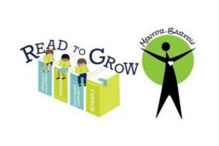 Logo features a stack of books with kids. Text reads "Read to Grow." A person figure with open arms is on the right.