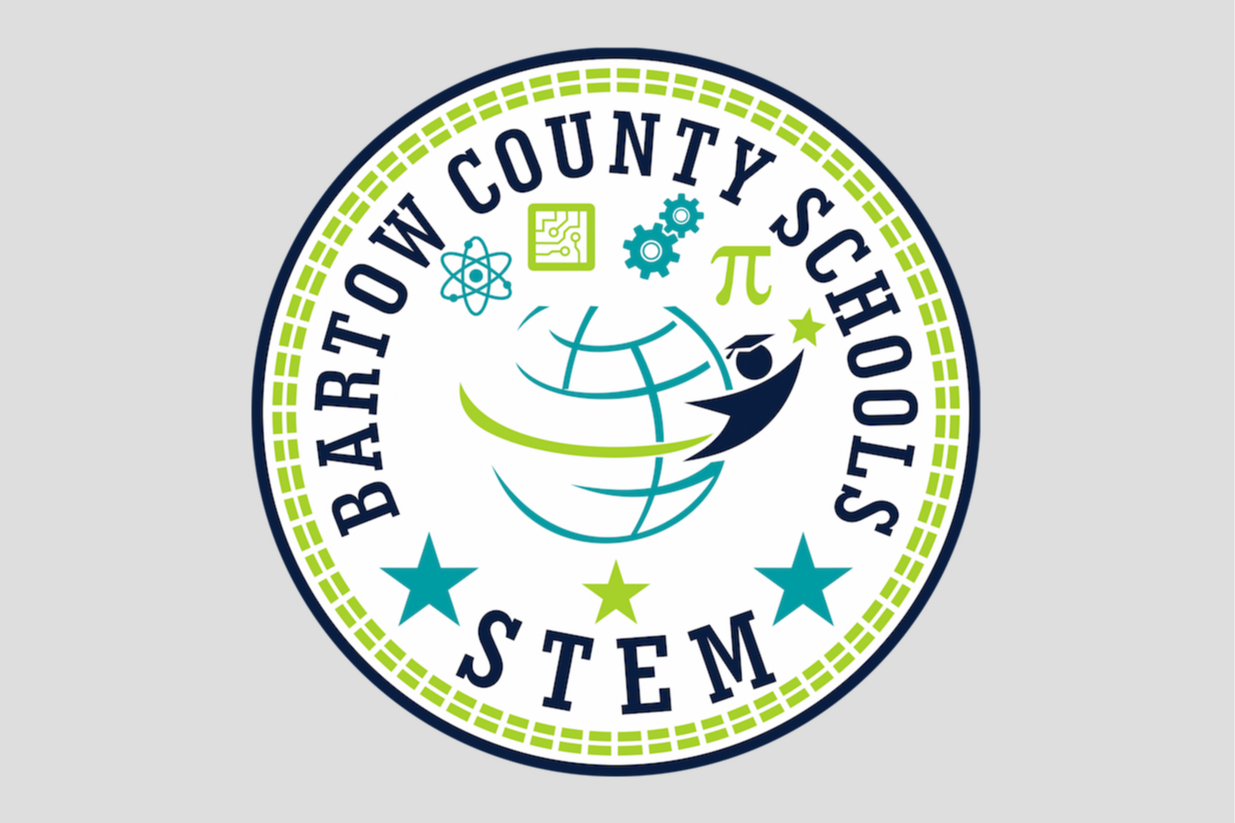 Logo for Bartow County Schools STEM features a globe with a graduation cap. Circle has green border with stars.