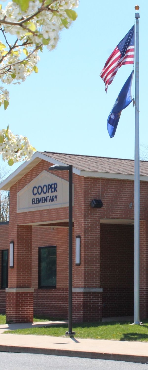 Picture of exterior of Cooper Elementary with American flag and State of Michigan flag