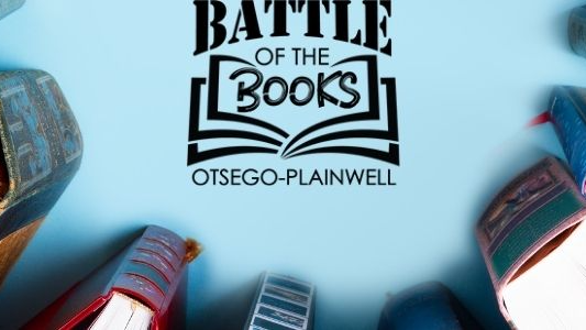 Picture with books in semi-circle with blue background and Battle of the Books in the center