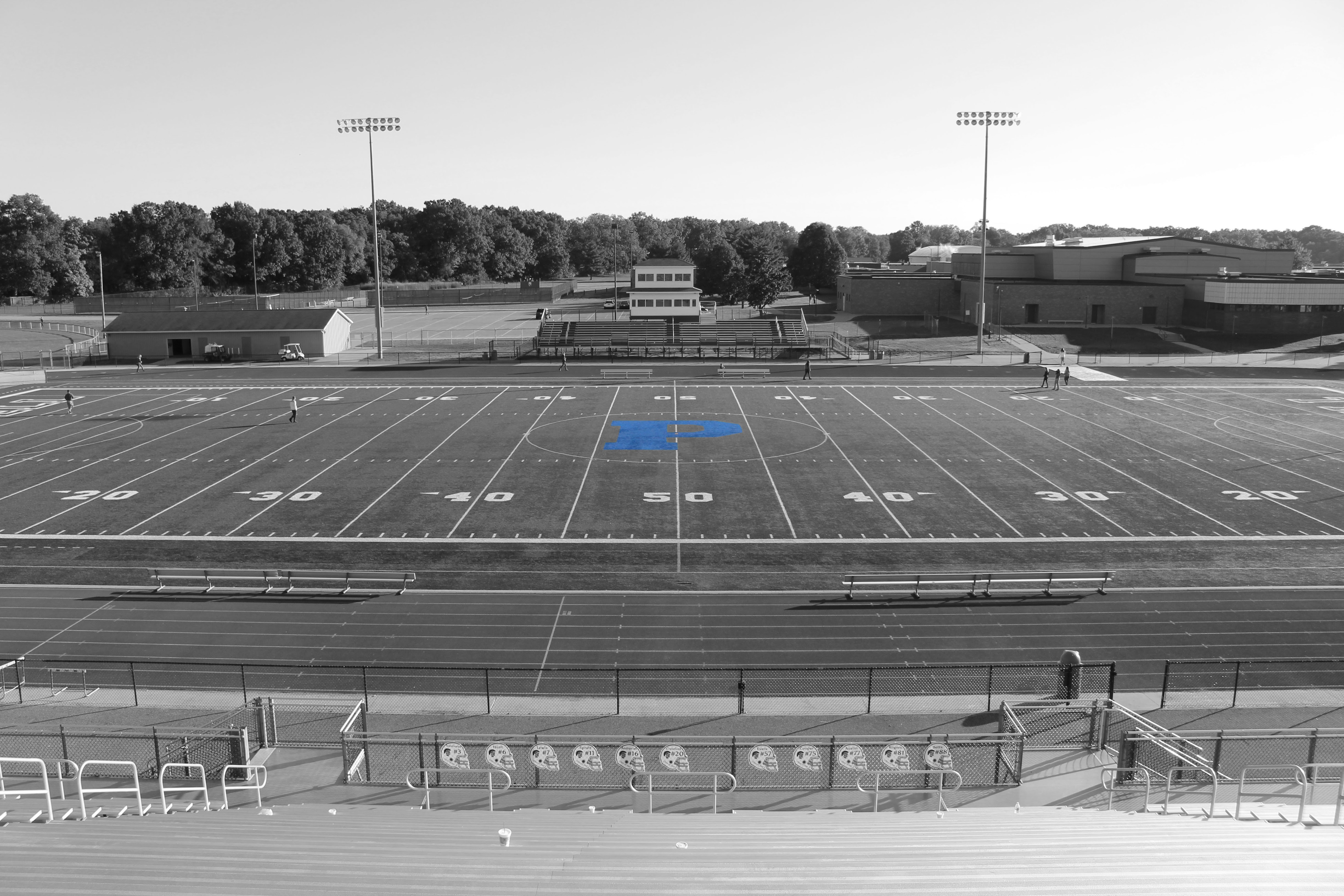 Black and white photo of PHS football field 