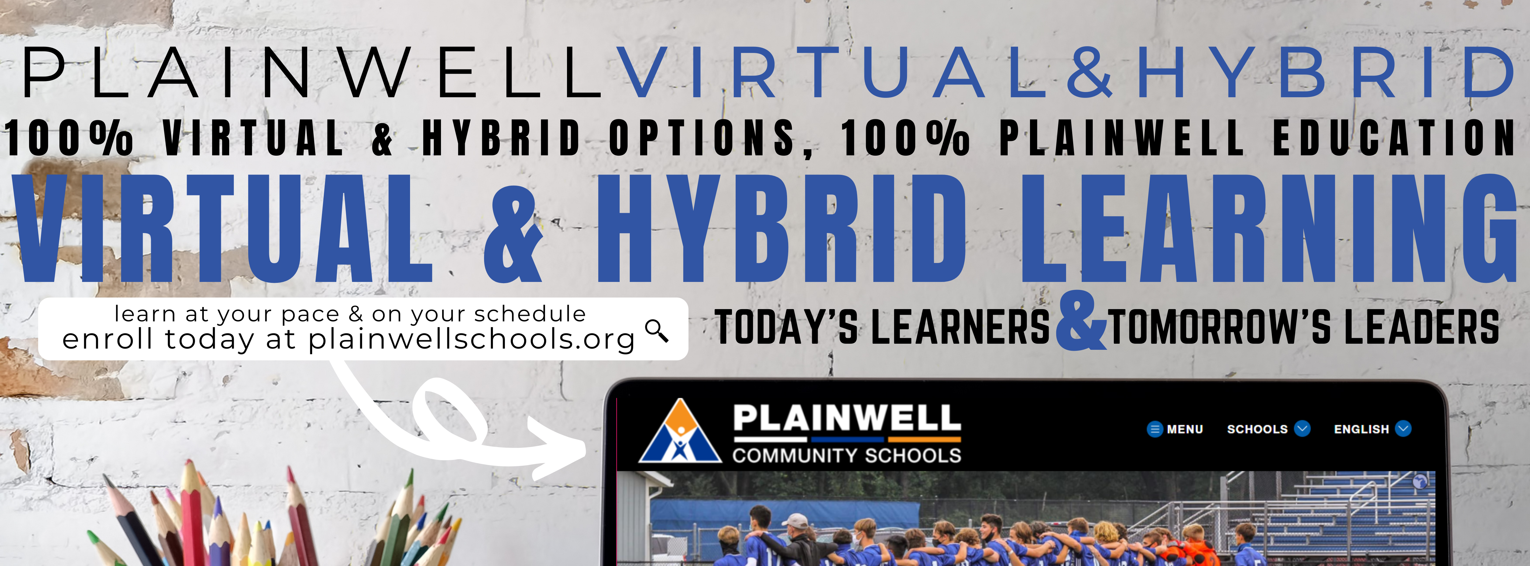 Virtual and hybrid learning banner with picture of laptop and colored pencils