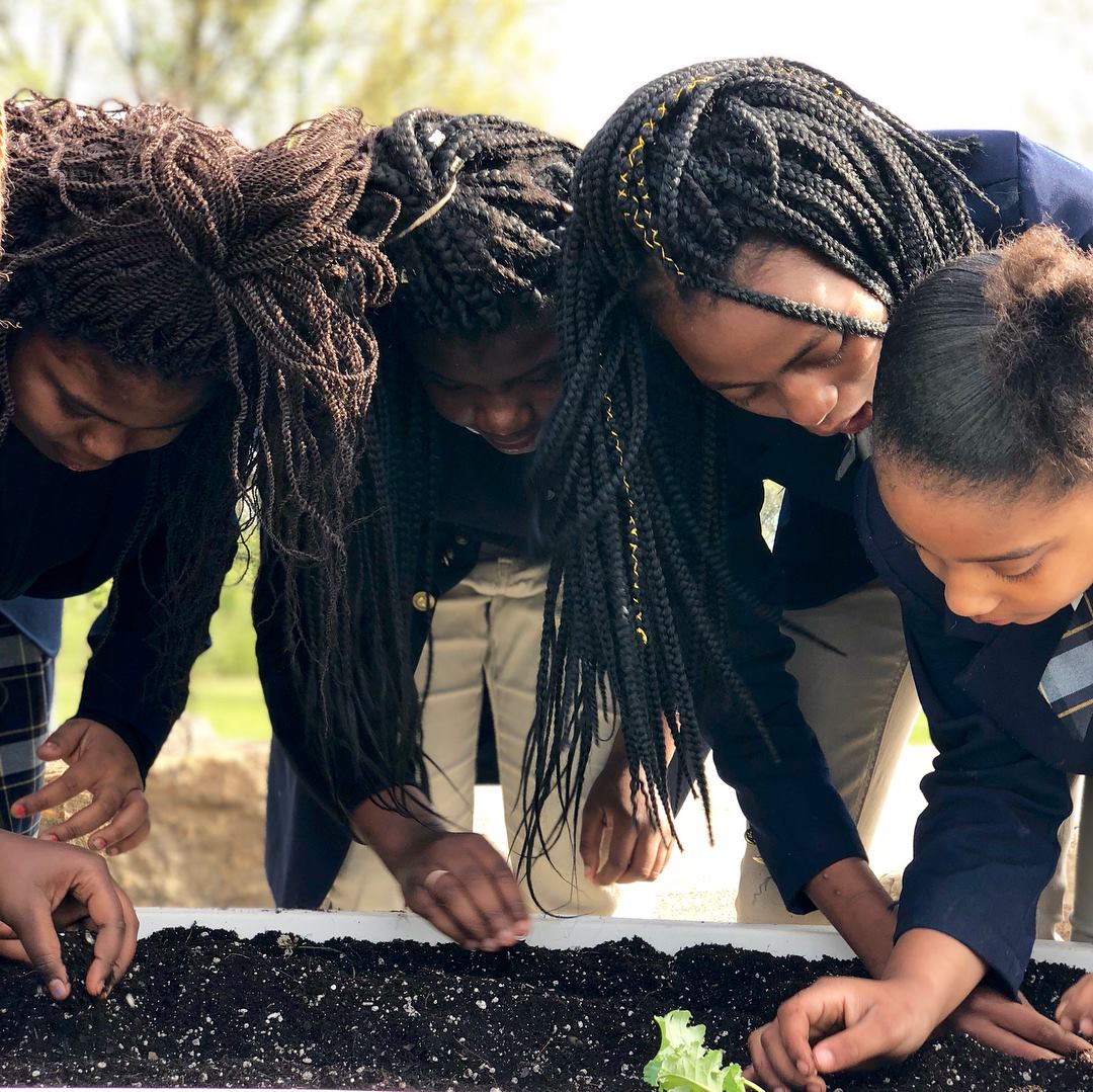 Students planting a garden in a raised bed together